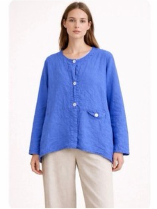 Flax Tops - FLAX oversized lagenlook shirt in a coastal blue linen size L